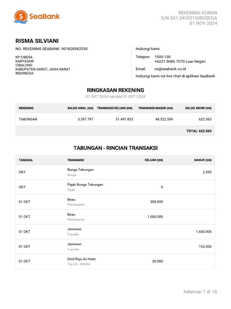 Rekening Koran Risma Silviani Oktober 2024 | PDF