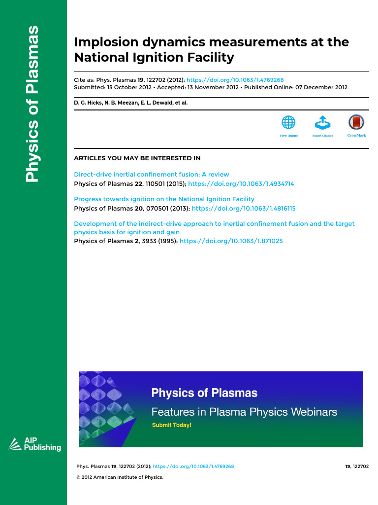 Implosion Dynamics at National Ignition Facility | PDF | Physical ...