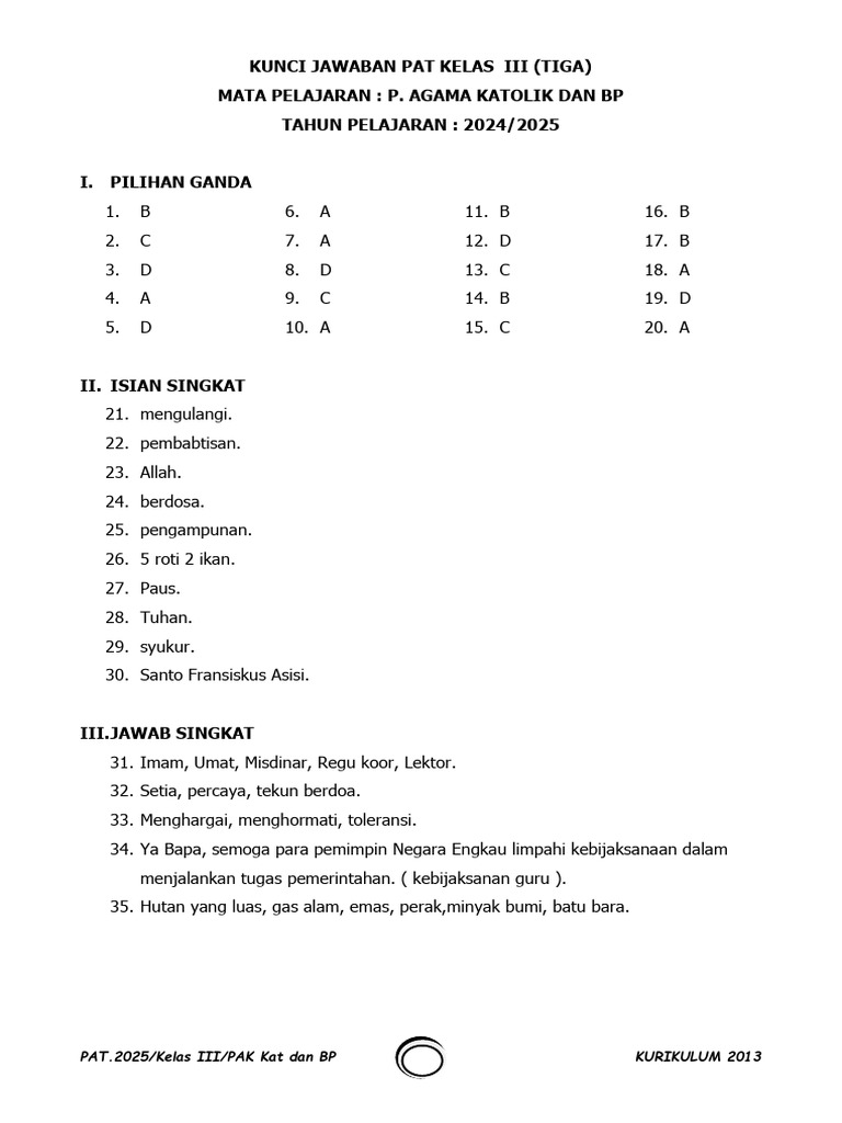 Kunci Jawaban Agama Katolik Kelas 3 k.13 3 | PDF