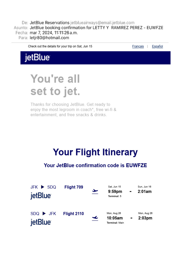JetBlue Flight Itinerary and Details | PDF | Fee | Aviation