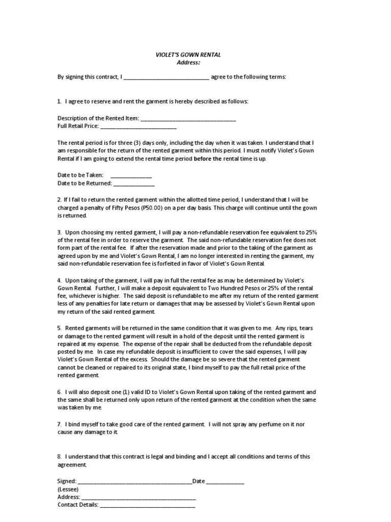 gown rental agreement for out of chapel weddings pdf fee renting