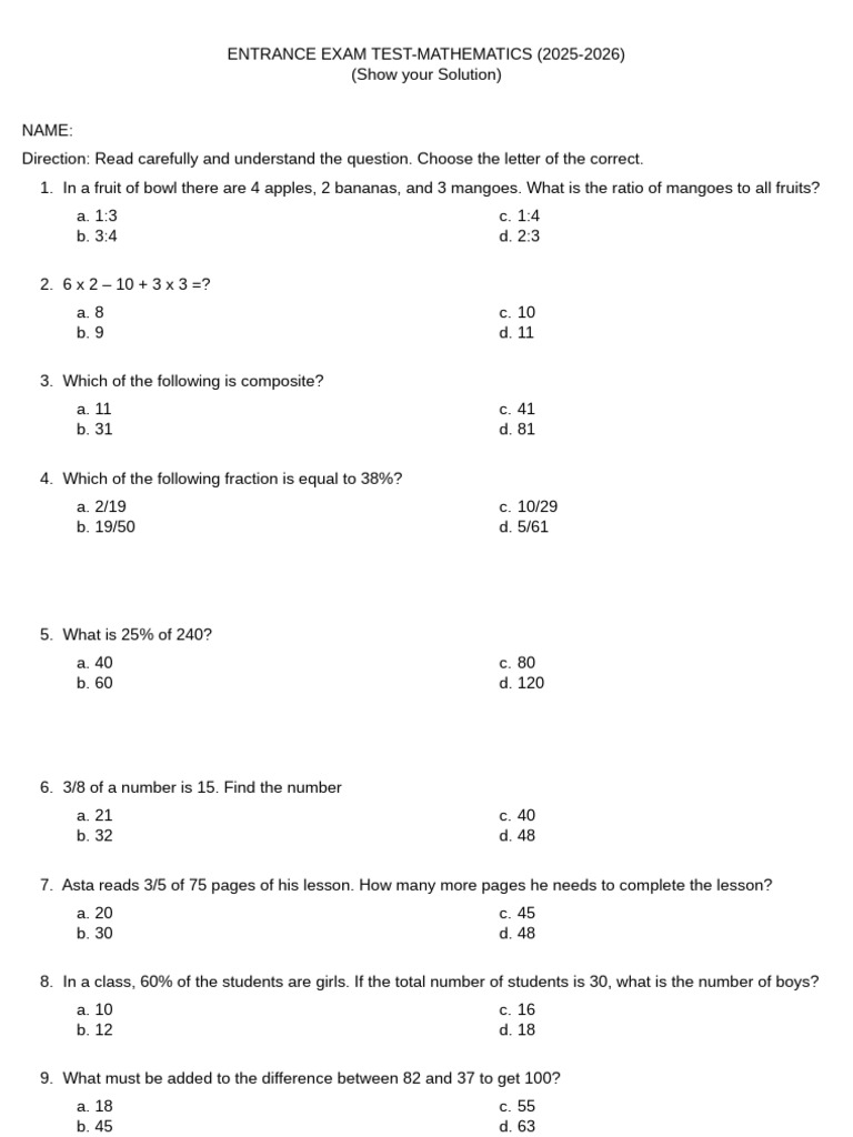 2025-2026 Mathematics Entrance Exam | PDF | Numbers | Chess Theory