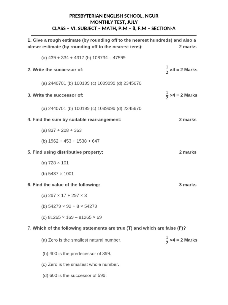 July Math Test for Class VI Students | PDF