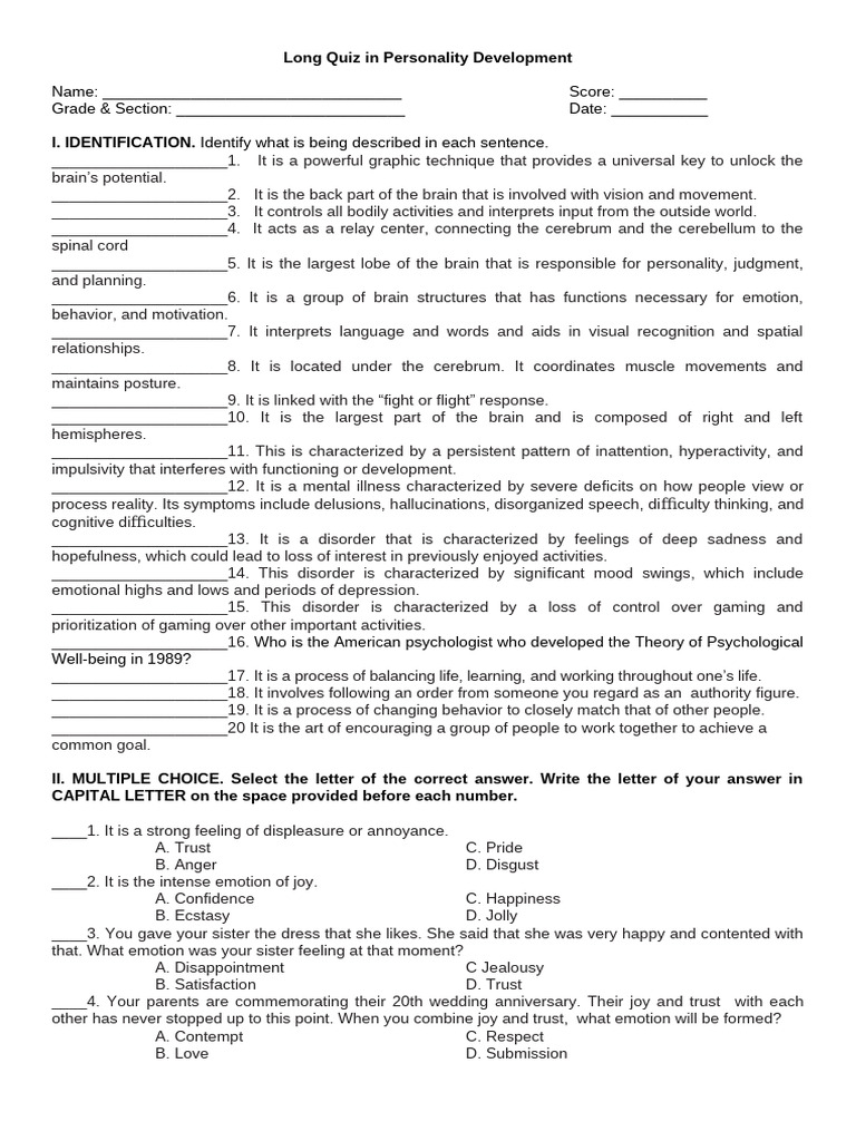Personality Development Quiz and Assessment | PDF | Emotions | Mental ...