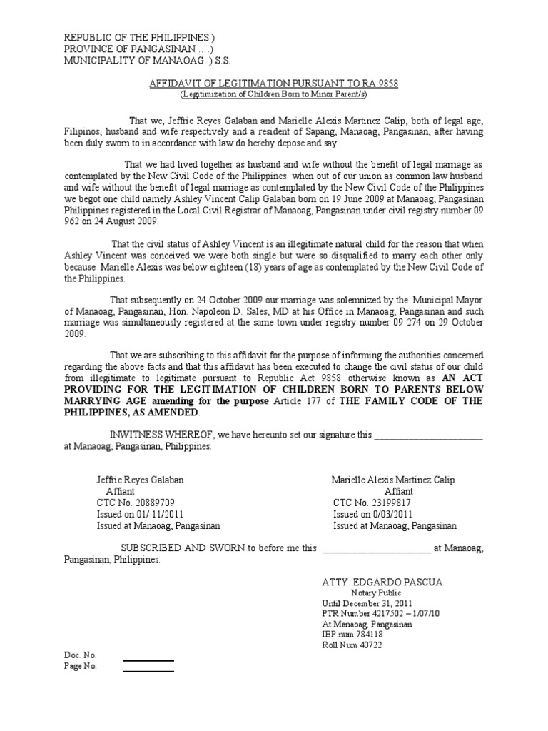 Affidavit of Legitimation Pursuant to Ra 9858 Affidavit Marriage