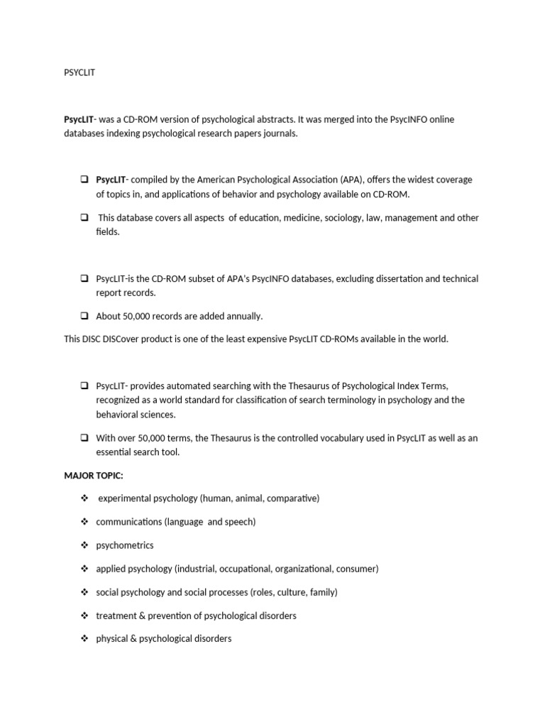 Overview of PsycLIT Database | PDF | Psychology | American ...