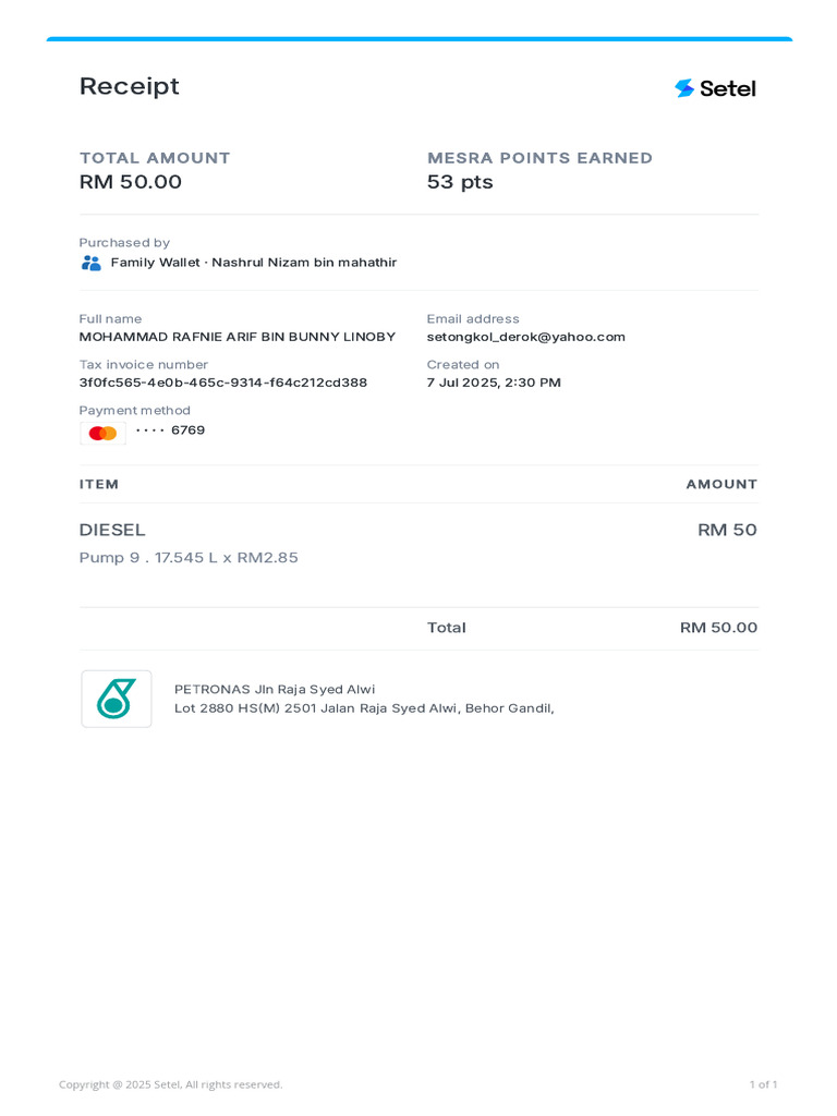 Diesel Purchase Receipt - RM 50.00 | PDF