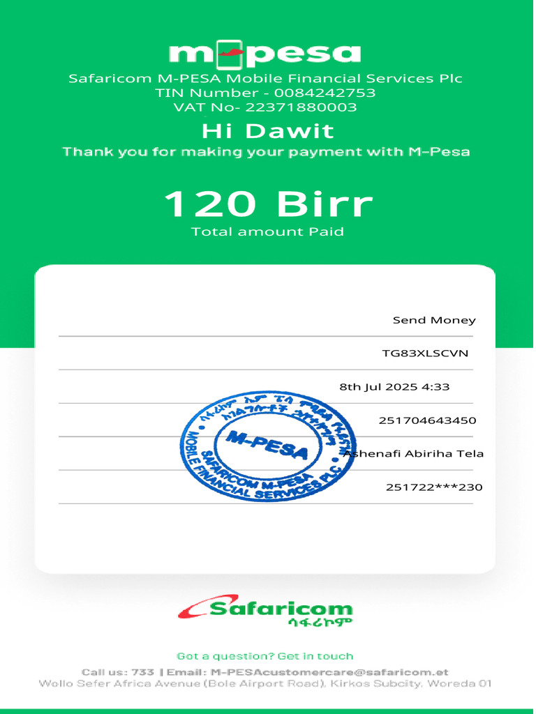 M-PESA Transaction Details for Dawit | PDF