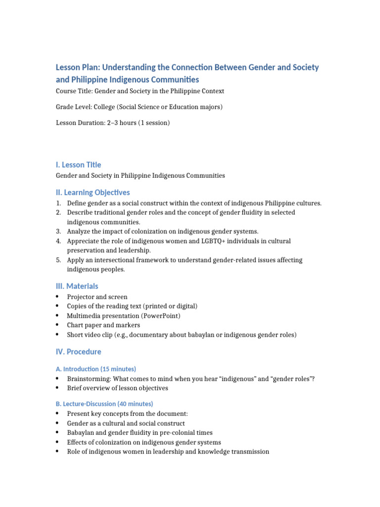 Gender and Indigenous Lesson Plan | PDF | Philippines | Intersectionality