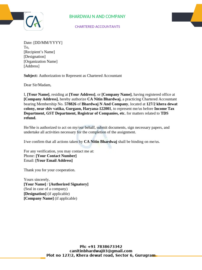 CA Authorization Letter Template | PDF