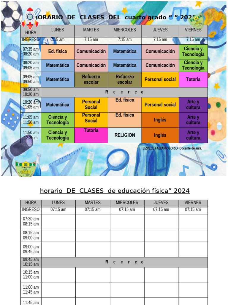 Horario Clases Cuarto Grado 2025 | PDF