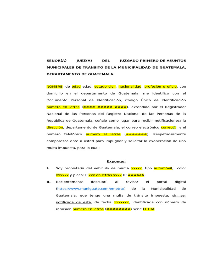 Formato Memorial Multa Uso Carril Exclusivo | PDF | Constitución ...