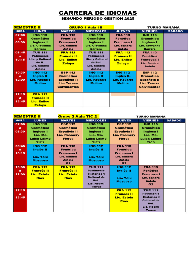 Horario de Clases Carrera de Idiomas 2025 | PDF | Idiomas | Estudios de ...