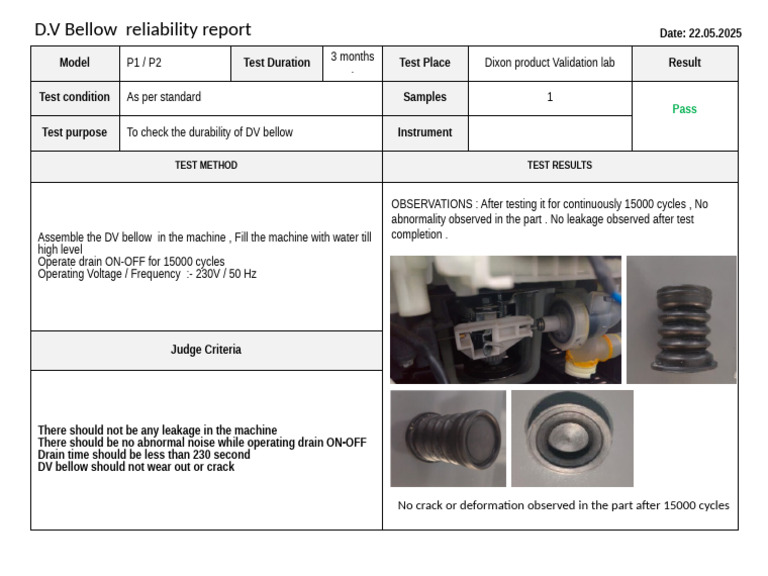 DV Bellow P1-P2 Paramount Reliability Test Report | PDF