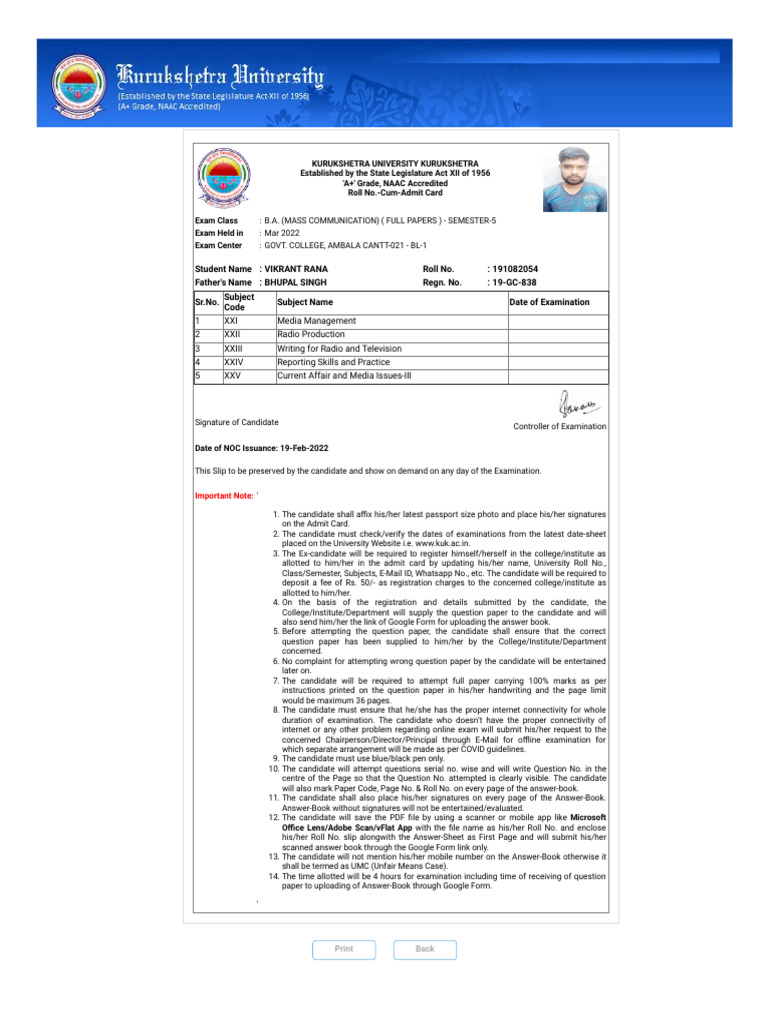 KUK Regular Student Exam Instructions | PDF