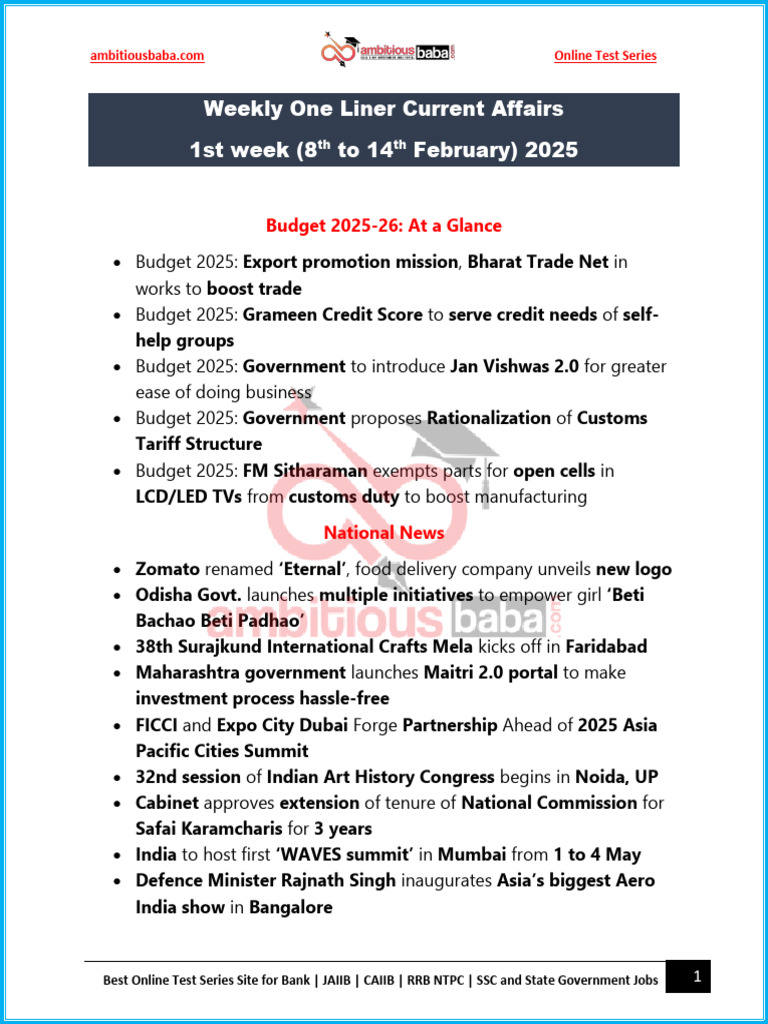One Liner 2nd Week 8th Feb 14th Feb | PDF | Reserve Bank Of India