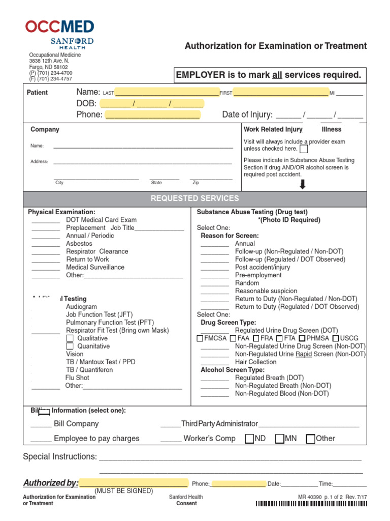 Occupational Health Exam Authorization Form | PDF | Drug Test | Medicine