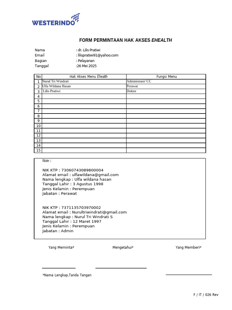 F 026 Form Permintaan Hak Akses Ehealth Rev 00 | PDF