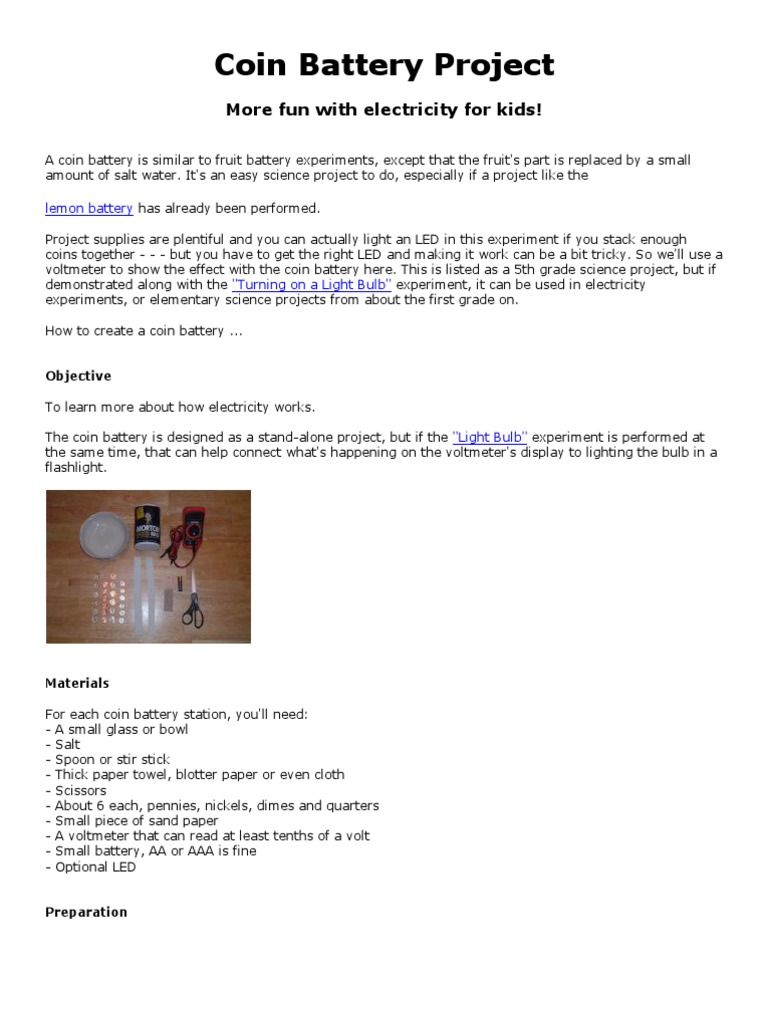 Coin Battery Science Project Guide | PDF | Battery (Electricity ...