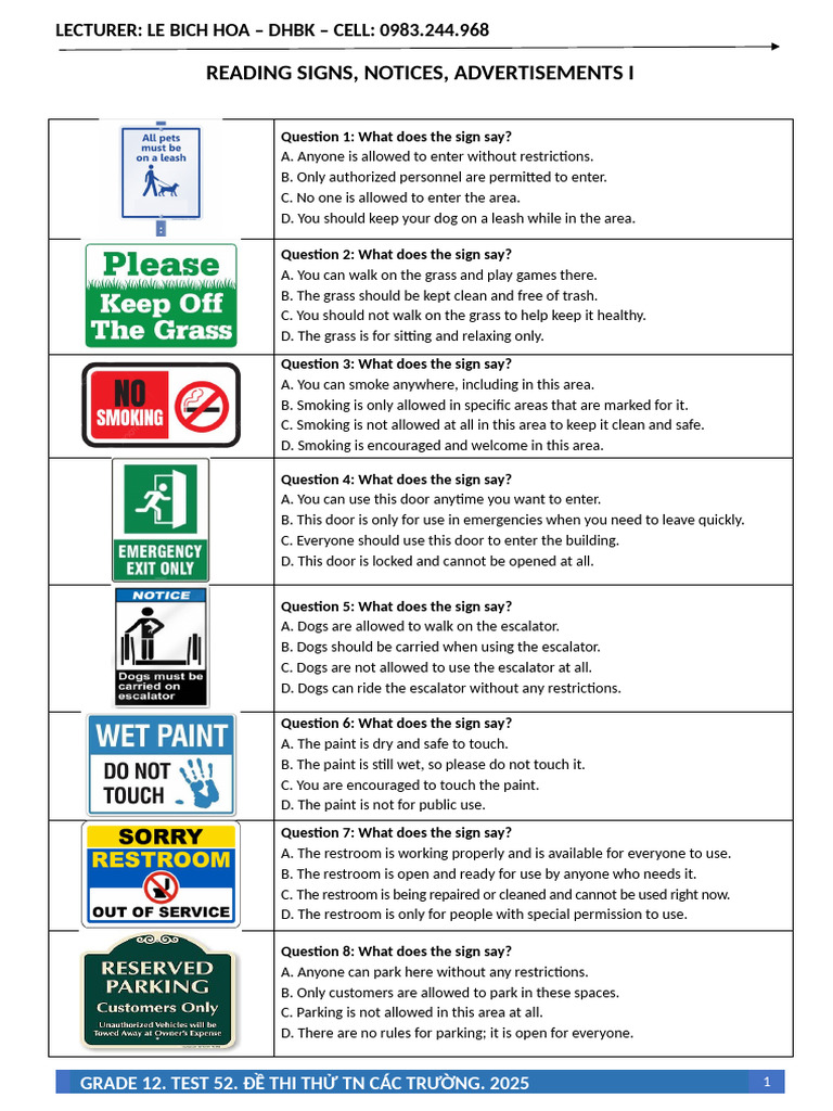 Understanding Signage: Test Questions | PDF | Public Toilet | Leash