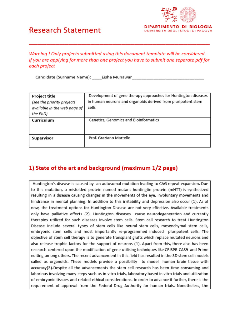 Research Statement Template 41 Ciclo | PDF | Stem Cell | Gene Therapy