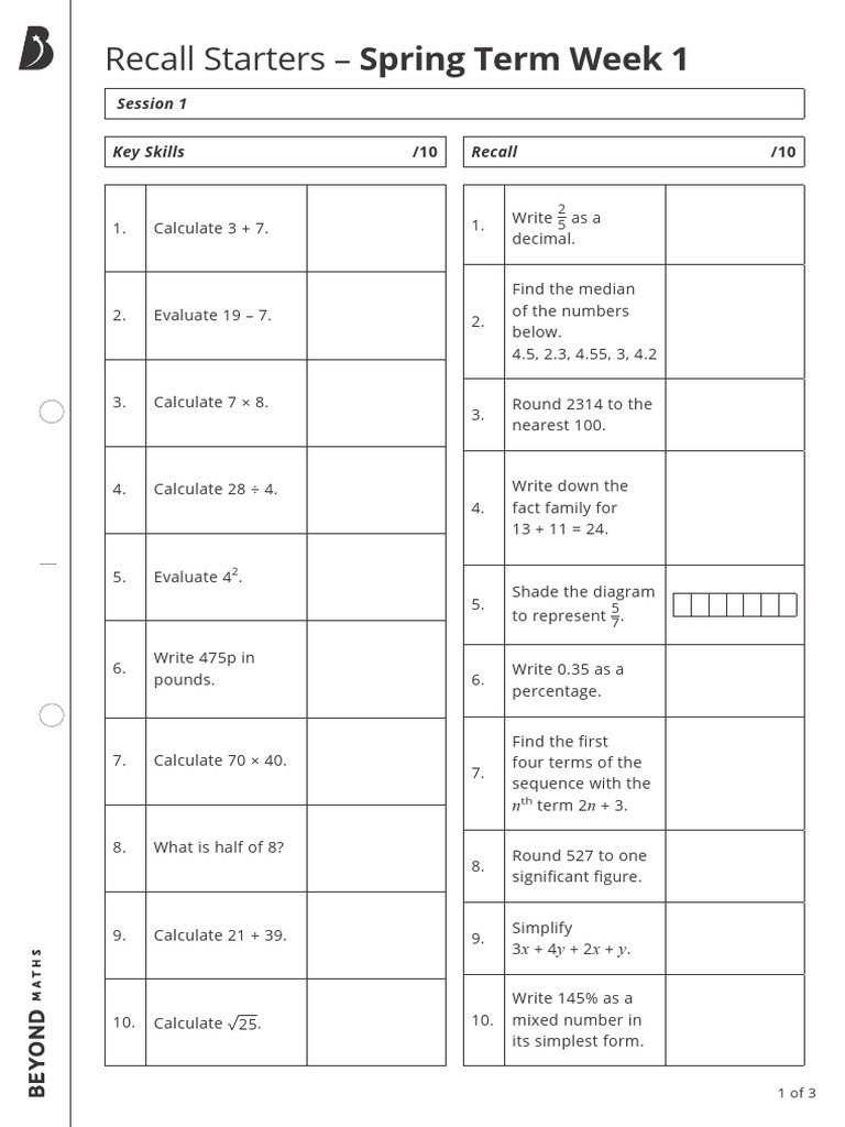 WRM Recall Starters - Spring Term Week 1 | PDF | Mathematics | Arithmetic