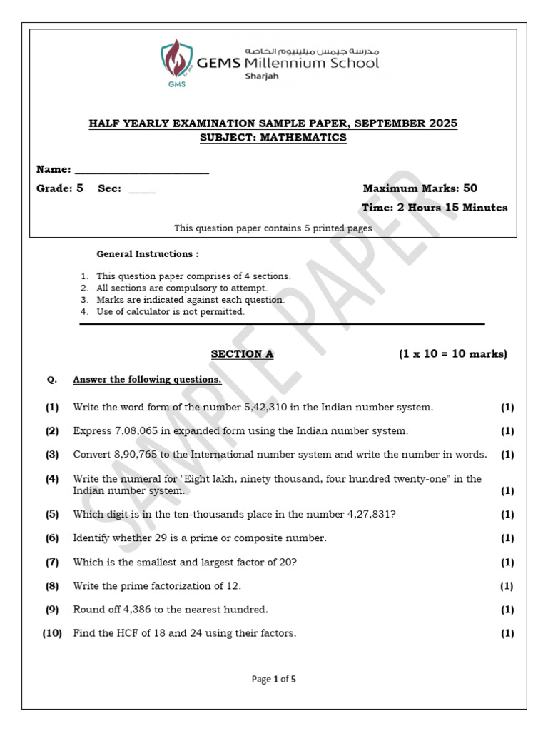 Class 5 Maths Half Yearly Paper 2025 | PDF | Numbers | Mathematics