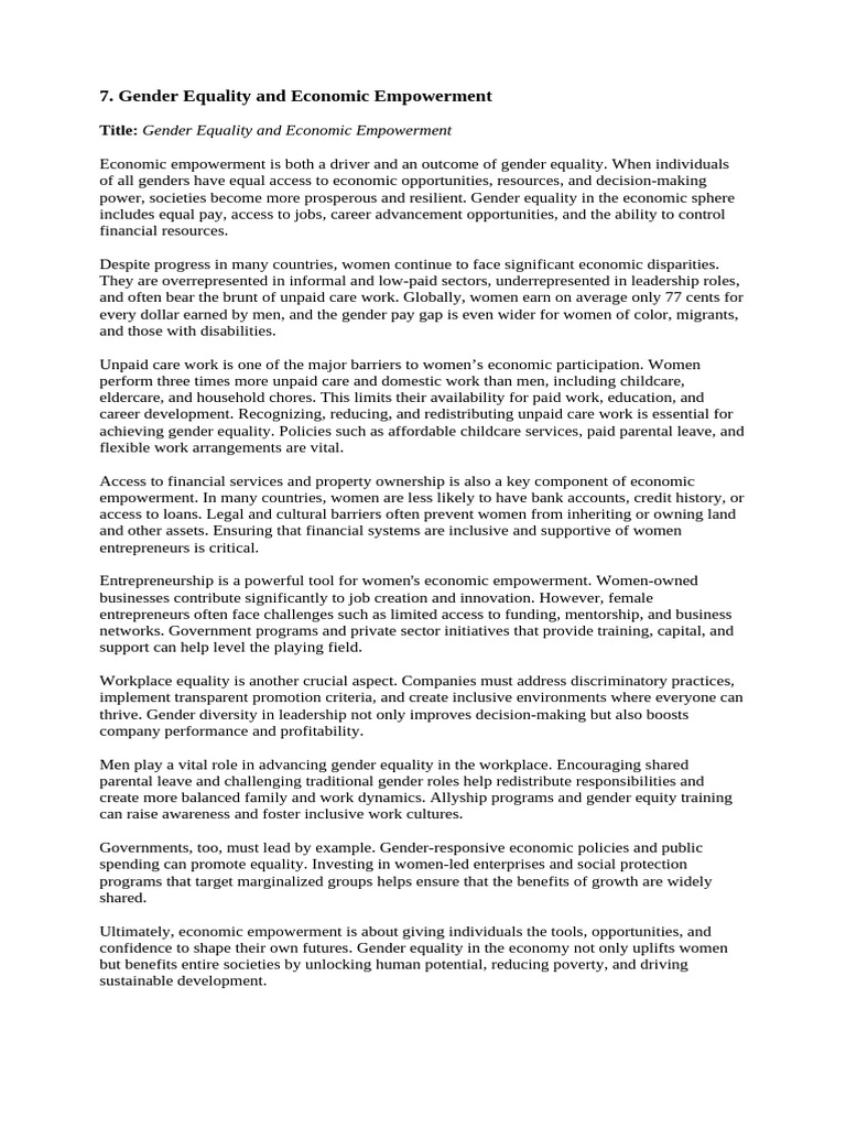 Gender Equality in Economic Empowerment | PDF | Gender Equality ...