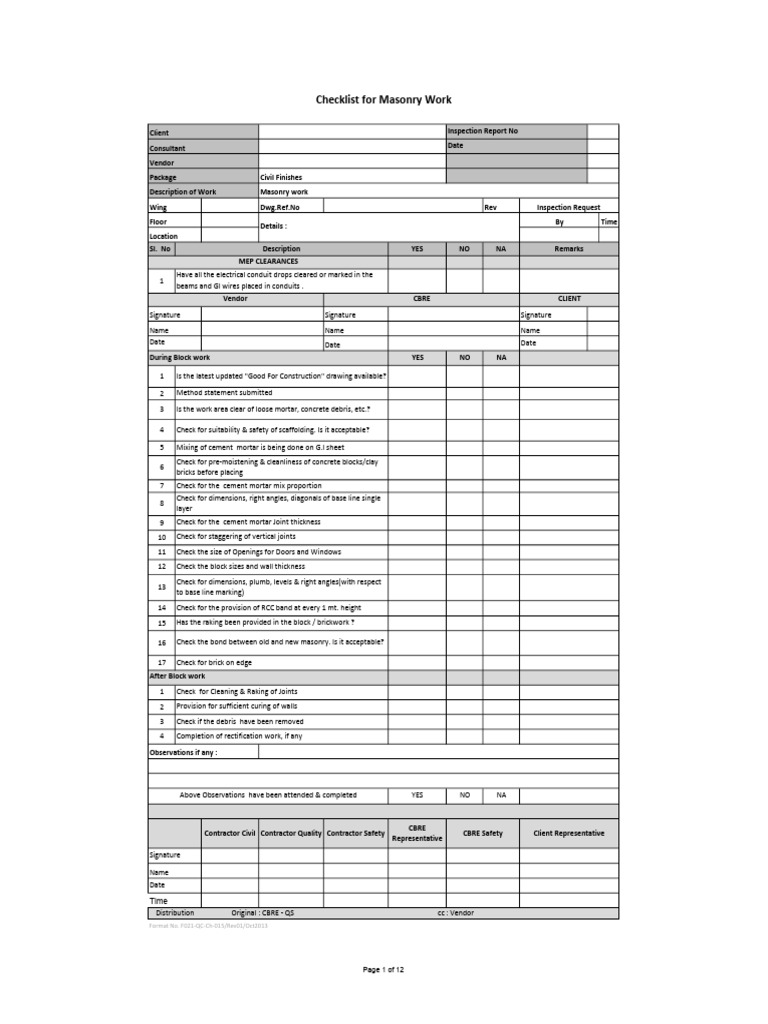 Construction Quality Inspection Checklists | PDF | Masonry | Paint