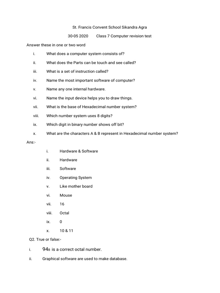 Class 7 Computer Revision Test Paper | PDF
