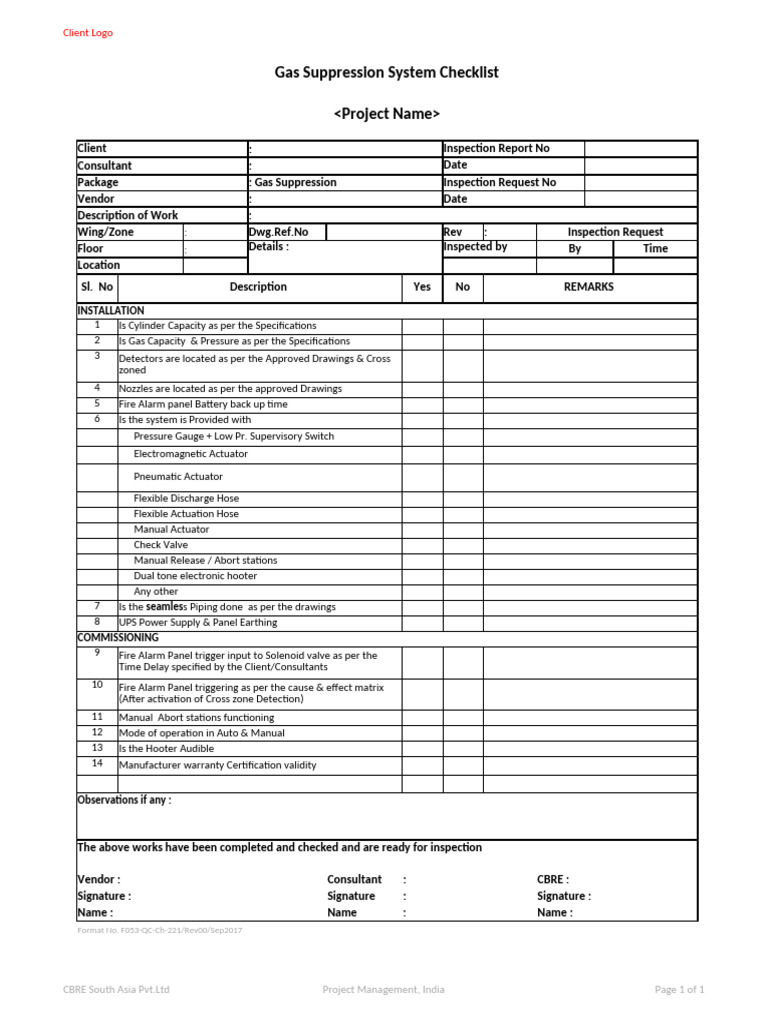 F053-QC MEP Gas Suppression System Checklist | PDF | Manufactured Goods ...
