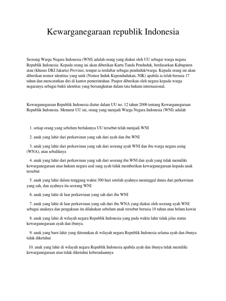 Anak Yang Lahir Dari Ayah Wni Dan Ibu Wna Sekali