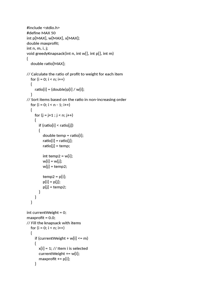 Greedy Knapsack Algorithm in C | PDF