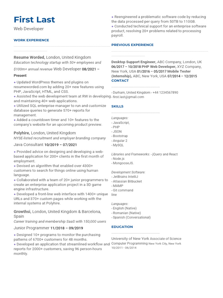 Web Developer Resume with Skills & Experience | PDF | World Wide Web ...