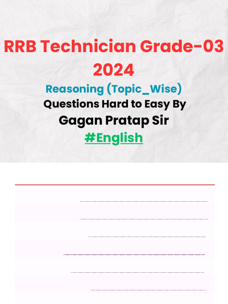 RRB Technician Grade 3 Reasoning Topic Wise Hard To Easy English | PDF