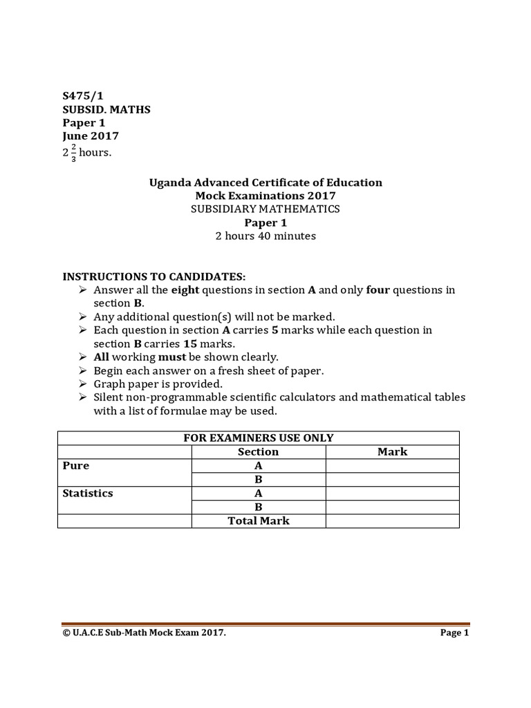 U.A.C.E Subsidiary Math Mock Exam 2017 | PDF | Speed | Probability ...