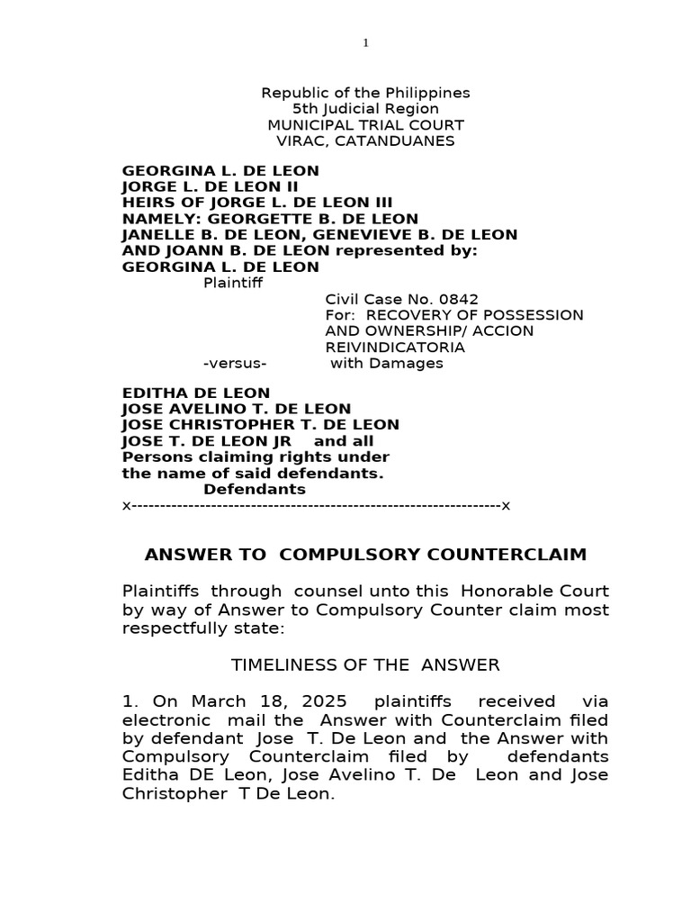Answer To Compulsory Counter Claim - Heirs of George de Leon Jr ...