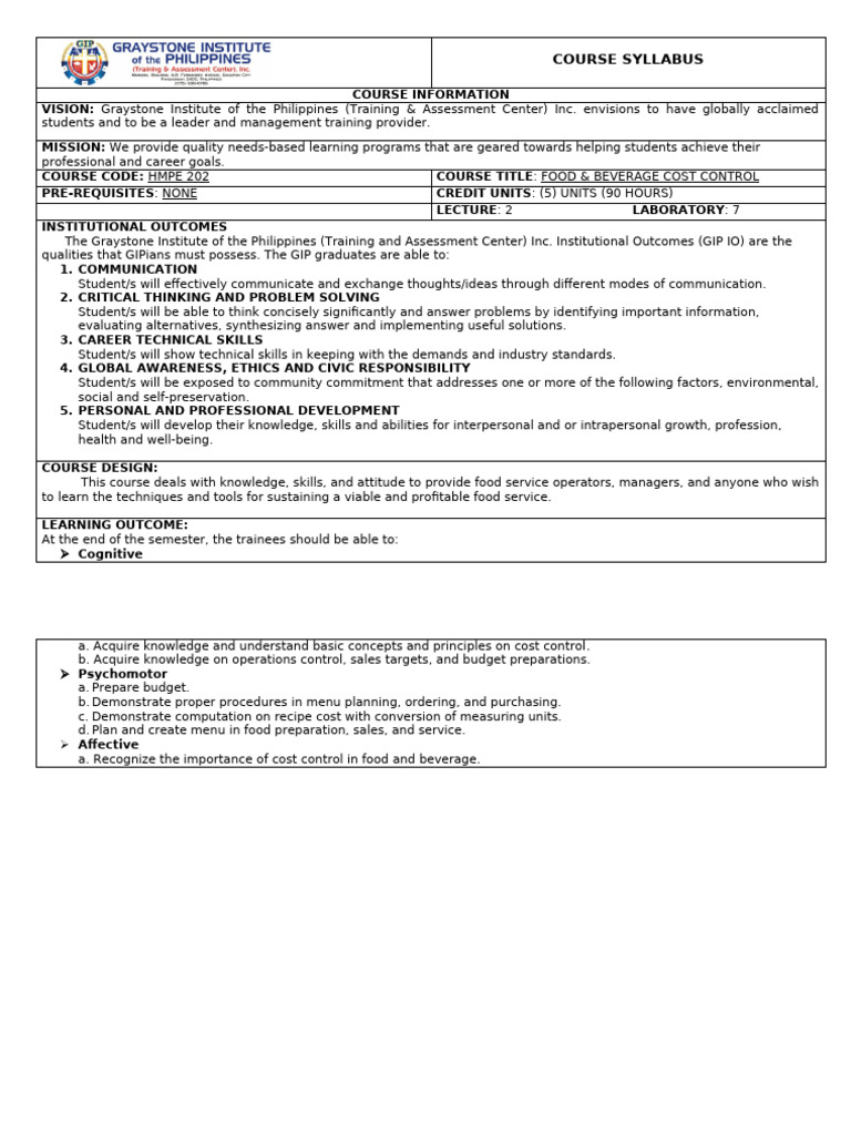 Food & Beverage Cost Control-Syllabus | PDF | Learning | Skill