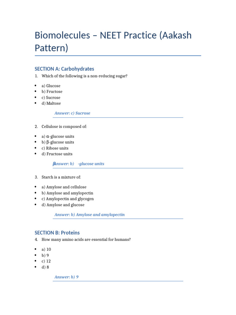 Biomolecules NEET Aakash Pattern | PDF | Biomolecules | Nucleic Acid ...