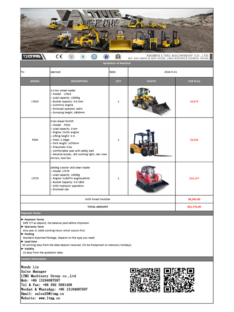 Machinery Quotation for Loader & Forklift | PDF | Loader (Equipment) | Car