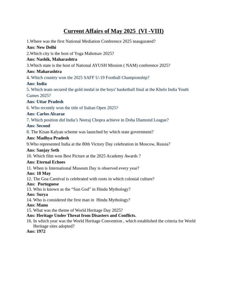 Current Affairs of May 2025 (VI - VIII) | PDF