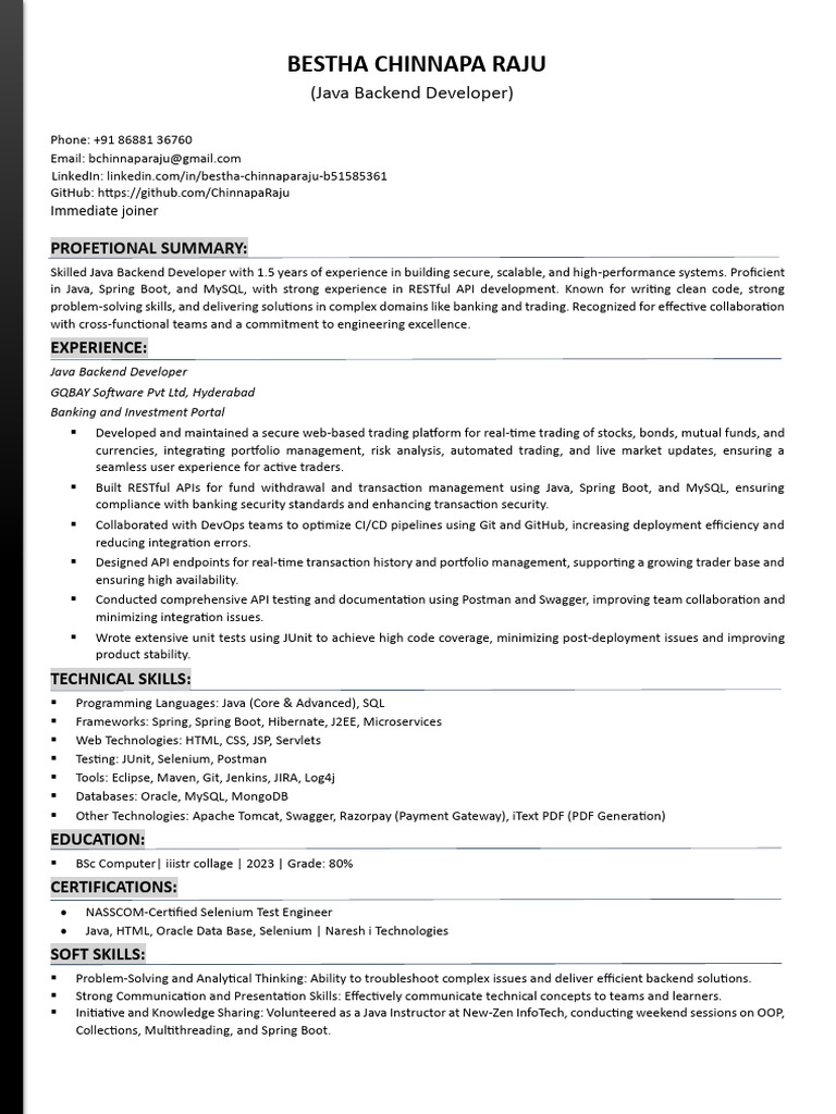Java Backend Developer Resume | PDF | Java (Programming Language) | My Sql