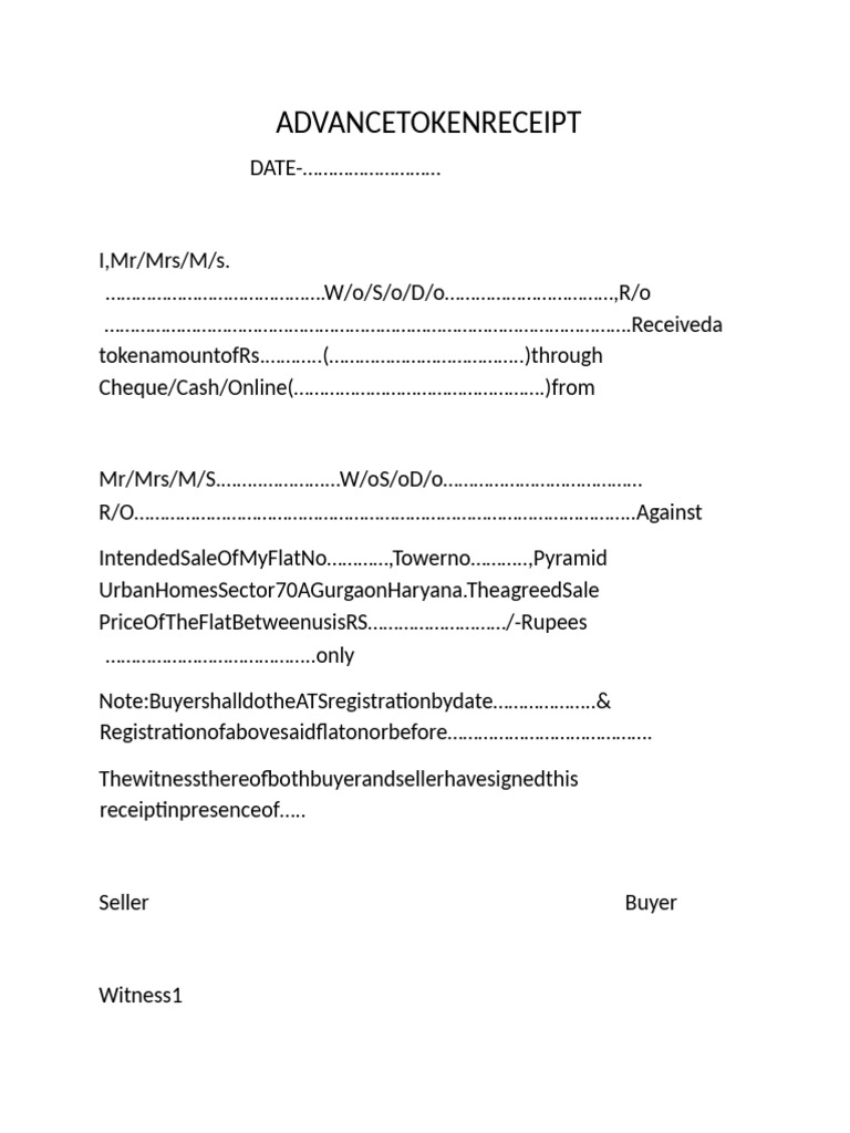 Token Money Receipt for Property Sale | PDF