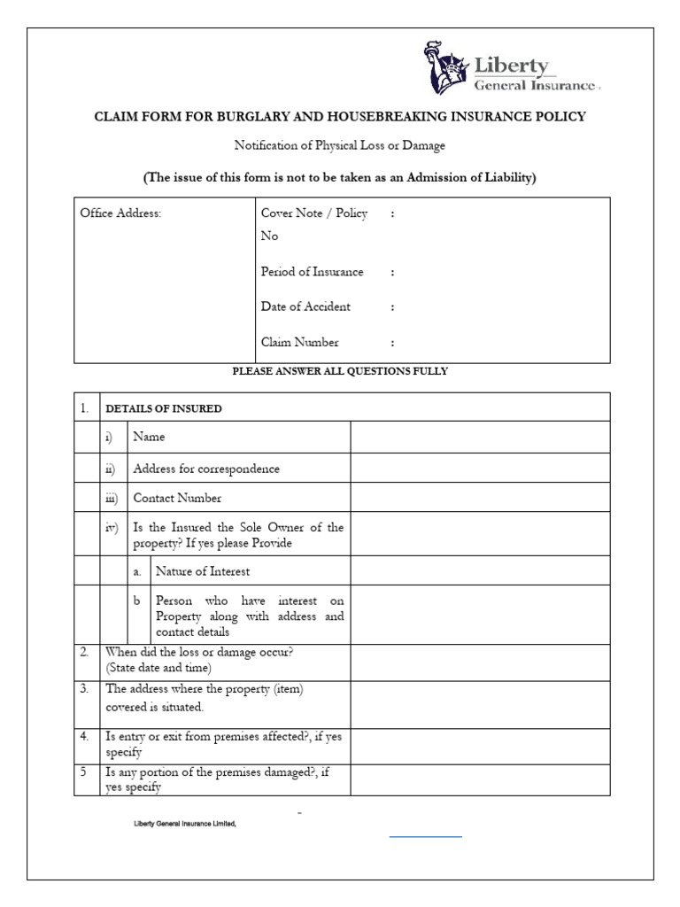 Burglary Insurance Claim Form | PDF | Insurance | Business Law