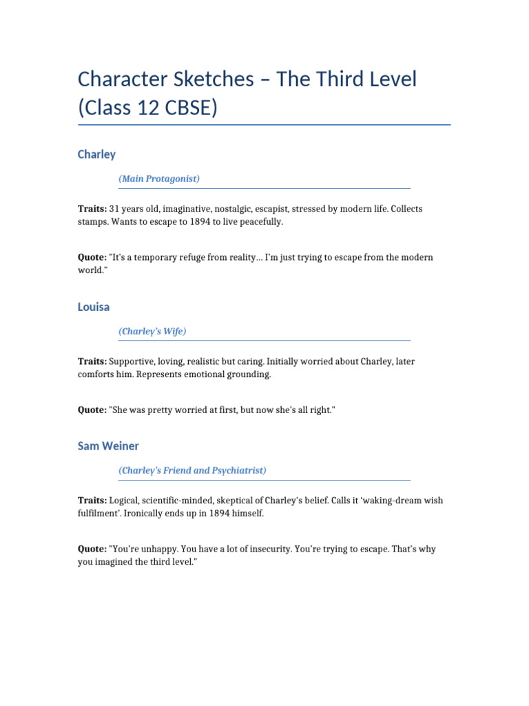 Character Sketches of The Third Level | PDF