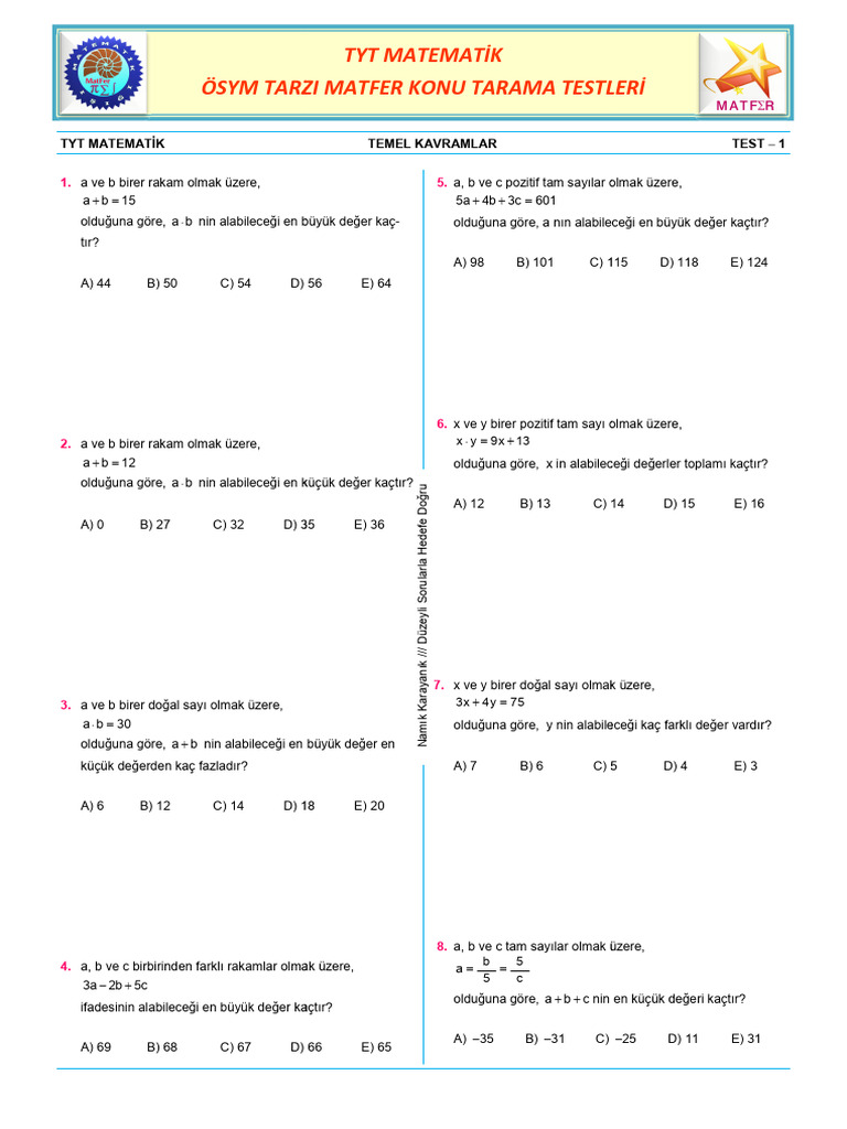 TYT Matematik Temel Kavramlar Test 1 | PDF