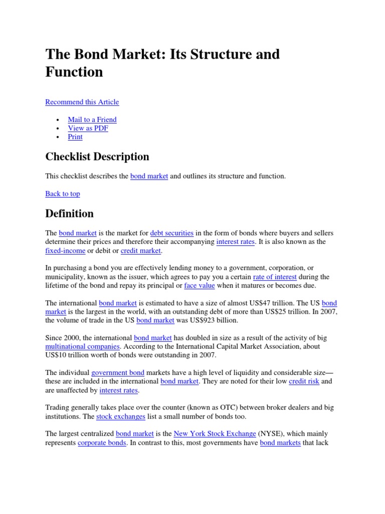 The Structure and Function of the Bond Market: A Comprehensive Overview