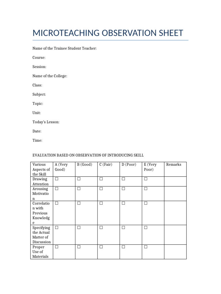 Microteaching Observation Sheet | PDF