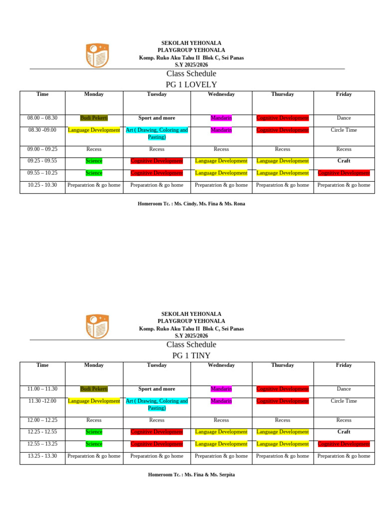 Yehonala Playgroup Class Schedule 2025/26 | PDF | Human Communication ...