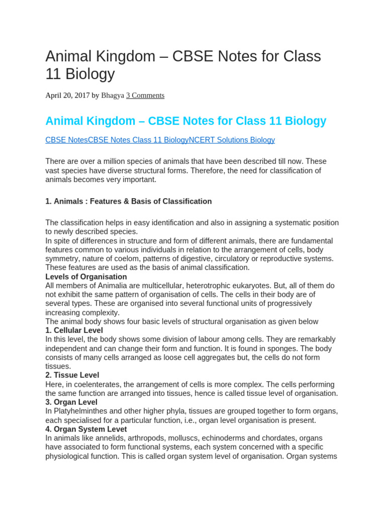 CBSE Class 11 Animal Kingdom Notes | PDF | Mollusca | Sponge